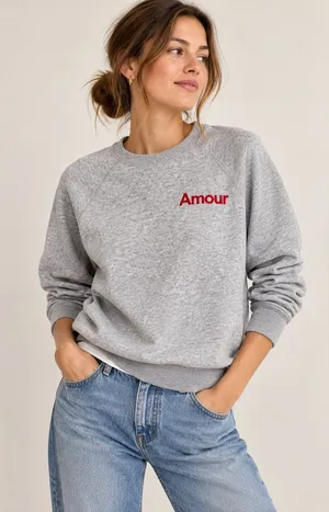 Amour Embroidered Grey Crewneck Sweatshirt thumbnail 1