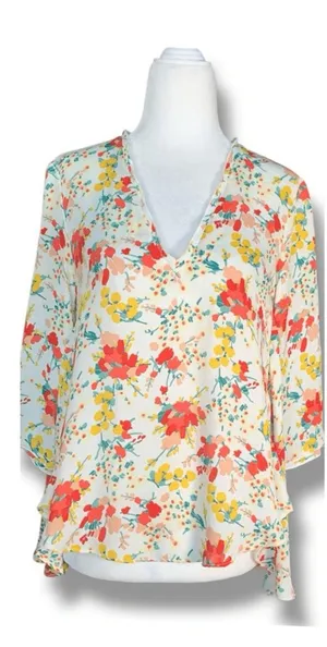 Zara‎ Basic Top Floral Chiffon Blouse Open Back Deep Vneck Flowy Boho Spring XS thumbnail 1