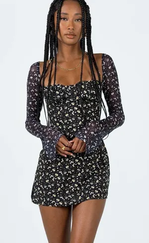 Princess Polly dyer sheer long sleeve black and yellow floral dress thumbnail 1