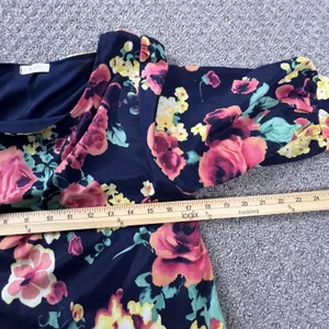 Everly Floral Shift‎ Dress Womens Medium Navy Blue Pink Elbow Sleeve Mini D5488 thumbnail 9