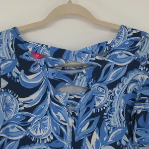 Lilly Pulitzer Blue Floral A-Line Dress XS Pink Border Ruffle Sleeve Rayon Spand thumbnail 13