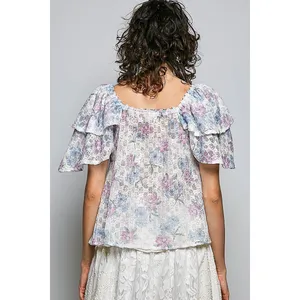 POL Lace Detail Floral Tie Front Ruffle Short Sleeve Blouse -‎ Off White - Large thumbnail 3