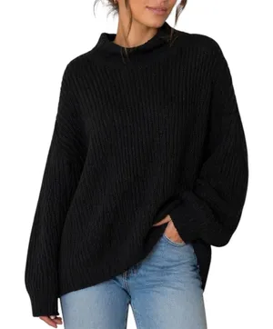 American Eagle Black Chunky Knit Oversized Sweater Cozy Mock Neck‎ Size Large XL thumbnail 1