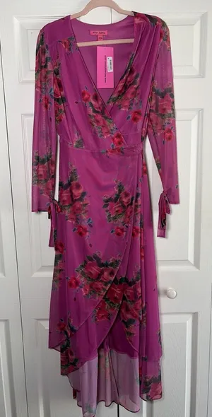 Betsey Johnson Wrap Mesh Maxi Dress‎ Womens 2 Pink Floral Rose High Low Ruffle thumbnail 1