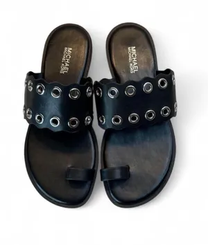 Michael Kors Patty Flat Thong Sandals leather Grommet silver toe ring black thumbnail 1