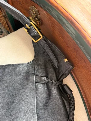 Black Leather Large Boho Hobo Shoulder Bag With Braided Tassels Gold Hardware thumbnail 4