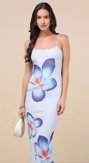 NWT Lulus Graciela Periwinkle Floral Mesh Bodycon Midi Dress Cruise Resort Sz XS thumbnail 1