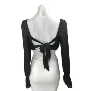 Tiger Mist Black Long Sleeve Ruffle Ruched Tie Back Blouse Crop Top Size M thumbnail 2