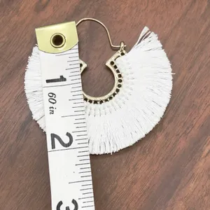 Fringe Tassel Fan Hoop Earrings Gold Tone White Boho Coastal Indie Sleaze Chic‎ thumbnail 7