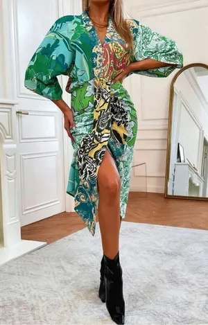 ✨Classy Floral & Paisley Print V Neck Batwing Sleeve Dress✨ thumbnail 1