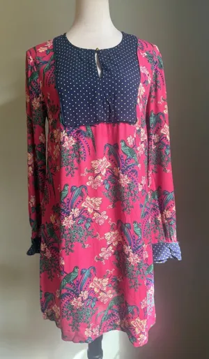 Maeve Anthropologie Pink Bird Floral Polka Dot Dress Long Sleeve 6 boho‎ preppy thumbnail 1