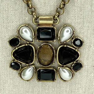 Chico's Gold Tone Rhinestone Faux Pearl Statement Pendant Necklace ✨ thumbnail 2