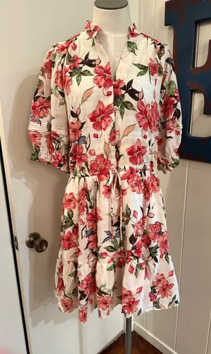 bishop + young White Dress with Pink and Green Floral Print Sz M thumbnail 1