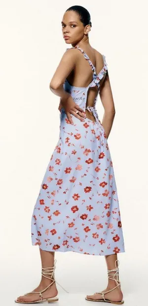 ZARA Floral Open Back Linen‎ Blend Midi Dress Sz Small thumbnail 1
