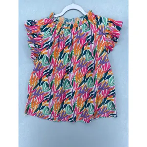 THML Womens Blouse Tropical Leaf Print‎ Ruffle Sleeve Elastic Neck M thumbnail 2