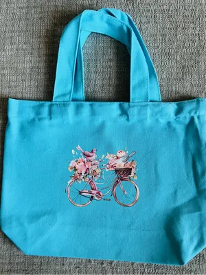 Women’s Aqua Blue Canvas Mid Size Floral/Bike Design Tote Bag NWT thumbnail 1