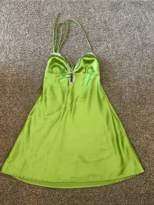 Lace-Trim Satin Mini Dress in Lime Green thumbnail 1