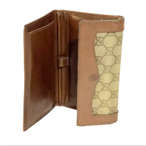 Gucci Vintage Brown Leather Cloth Wallet‎ Check Holder Snap Zipper thumbnail 3