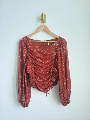 Free People L Ruched Floral Chiffon Open Back Blouse Balloon Sleeve Boho Top thumbnail 5