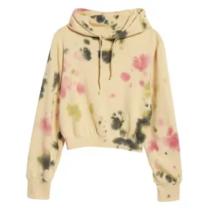 NEW AFRM Cropped Hoodie Sweatshirt SMALL Beige Tan Pink Tie Dye Drawstring NWT thumbnail 3