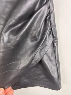 Zara Black Faux Leather Draped Mini Skirt M Vegan Leather Ruched Goth Glam thumbnail 3