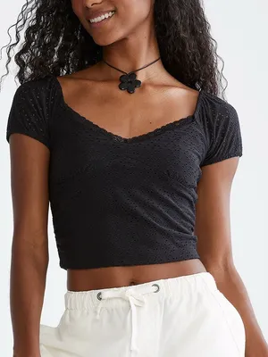 Aeropostale Eyelet Ruched Lace-Trim Crop Top | Size: Small thumbnail 1