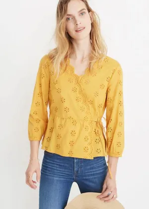 Madewell Mustard Yellow Eyelet Faux Wrap Shirt Size Small thumbnail 1