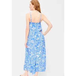 Old Navy Women Blue White Floral Tropical Smocked Tiered Maxi Dress Large thumbnail 2