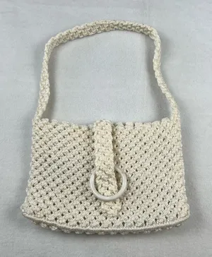 Macrame Shoulder Bag Women Medium‎ Cream Excellent Boho Ring Closure thumbnail 1
