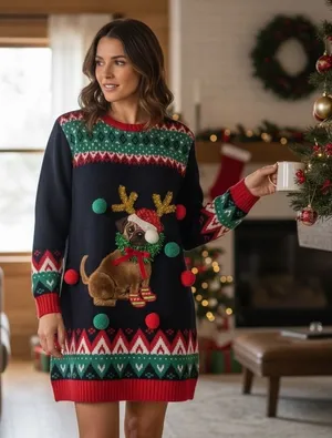 Holiday Time‎ Women Ugly Christmas Sweater Dress Pug Reindeer Holiday Fun 14W thumbnail 1
