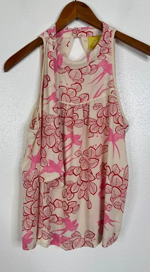 Maeve Anthropologie Pink Red Bird Leaf Print Tie Neck Keyhole Back Blouse Size 8 thumbnail 1
