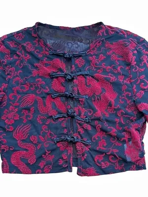 Soly Hux Dragon Print Mesh Crop Top Chinese Frog Button Bell Sleeve NWT Size XS thumbnail 2