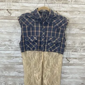 Vtg Gypsy South Atlanta L Reworked Sleeveless Plaid Lace Tunic Vest & Shirt Y2K‎ thumbnail 10