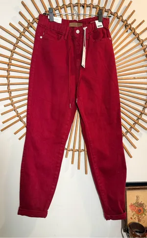 Judy Blue Garmet Dyed Deep Red Boyfriend/ Jogger Jeans Drawstring Waist NWT Fall thumbnail 1
