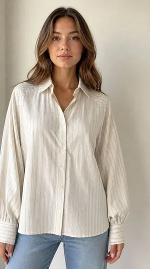 Max Studio London Button Down Shirt Medium Ivory Striped thumbnail 1