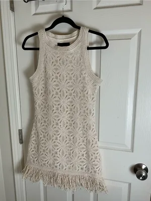 Zara Cream Crochet Knit Fringe Hem Mini Dress Size Small S NWT thumbnail 2