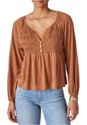 Lucky Brand Long Sleeve Smocked Top brown size large cropped modal i thumbnail 3