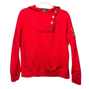 Lauren Ralph Lauren Red Asymmetrical Button Hoodie Crest Sleeve‎ Womens L Y2K thumbnail 1