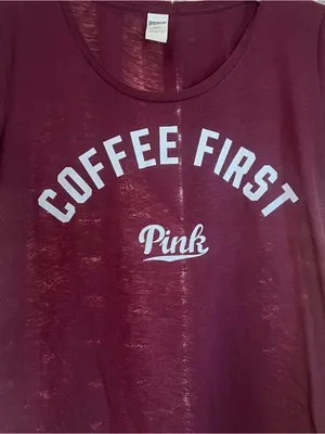 Y2K PINK Victoria's Secret Women's 'Coffee First' Deep Wine Tee Size Large thumbnail 8