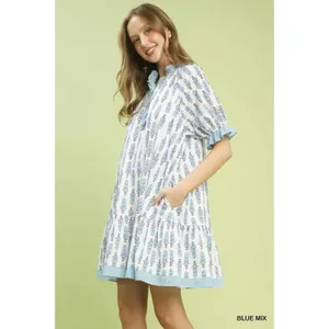 Umgee Striped Trim Floral Tiered Mini Dress - Blue Mix - Medium thumbnail 2