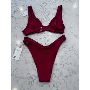 NWT Quince Cherry Red Italian Plunge Bikini Top & High Leg Bottom Set Medium thumbnail 2