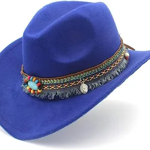Blue Western Cowboy, Cowgirl Hat, Bead Tassle Strap, Men Women‎ Retro Wide Brim thumbnail 3