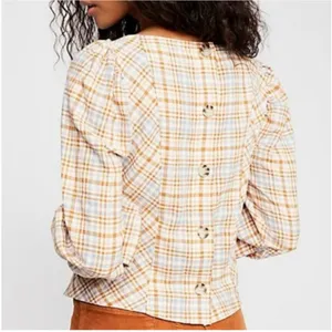 Free People Top Button Back Puff Sleeve Plaid Tan Blue S thumbnail 2