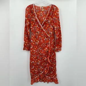 Free People Covent Garden Orange Rust Floral Ruffle Faux Wrap Midi Dress Size‎ 4 thumbnail 2