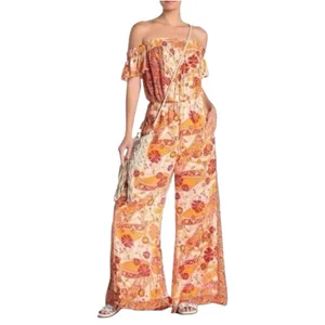 Free People Carmen Boho Floral Orange Jumpsuit Flowy size small thumbnail 2