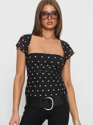 Princess Polly Attraction polka dot cap sleeve mesh top thumbnail 1