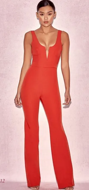 House of CB Natalja Red V Plunge‎ Jumpsuit Size: XS thumbnail 1