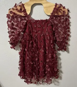 Storia Women's Size Small Square Neck Babydoll Red Floral Appliqué Mini Dress‎ thumbnail 1