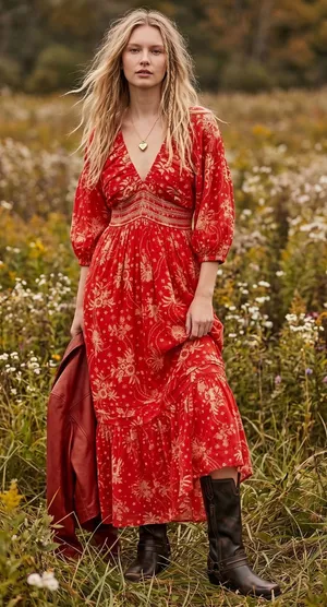 Free People Golden Hour Maxi Dress Cherry Red Large Bohemian Spring Floral 70s thumbnail 1