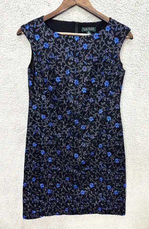 Lauren Ralph‎ Lauren Blue Floral Embroidered Sheath Dress Size 2P Wedding Guest thumbnail 1